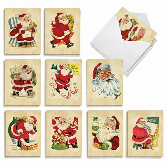 The Best Card Company 20 Assorted Christmas Notecards Bulk Box Set 4 x 5.12 Inch with Envelopes (10 Designs, 2 Each) Vintage Santa AM10143XSG-B2x10