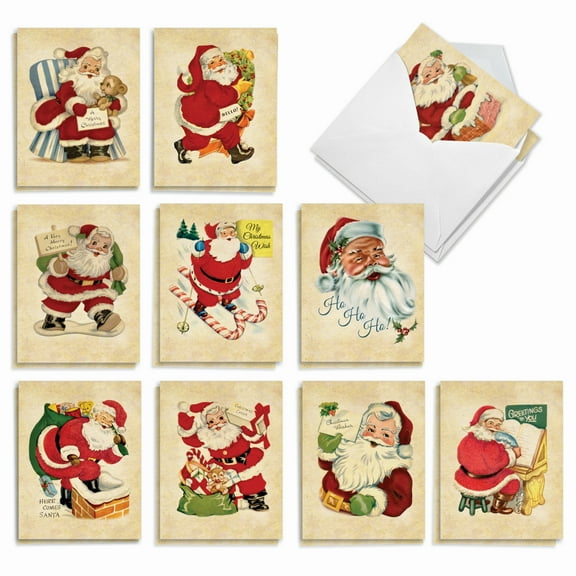 The Best Card Company 20 Assorted Christmas Notecards Bulk Box Set 4 x 5.12 Inch with Envelopes (10 Designs, 2 Each) Vintage Santa AM10143XSG-B2x10