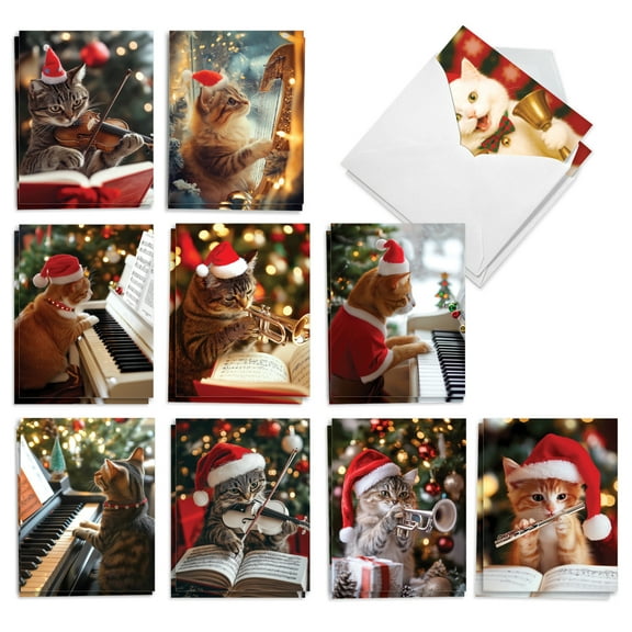 The Best Card Company 20 Assorted Christmas Notecards set 4 x 5.12 Inch with Envelopes (10 Designs, 2 Each) Cat Notes AM8725XSG-B2x10