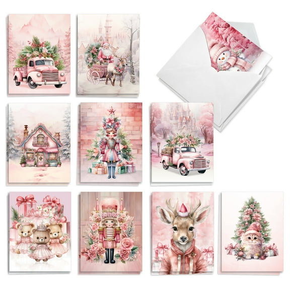 The Best Card Company 20 Assorted Christmas Notes Boxed Set 4 x 5.12 Inch with Envelopes (10 Designs, 2 Each) Holiday In Pink AM10779XSG-B2x10