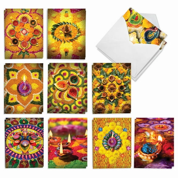 The Best Card Company 20 Assorted Diwali Notecards Boxed Set 4 x 5.12 Inch with Envelopes (10 Designs, 2 Each) Diwali Wishes AM2816DWG-B2x10
