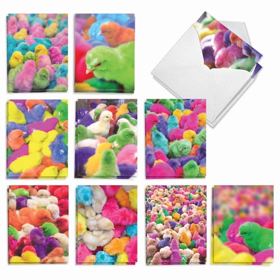 The Best Card Company 20 Assorted Easter Note Cards Bulk Box Set 4 x 5.12 Inch with Envelopes (10 Designs, 2 Each) Colorful Chicks AM9158EAG-B2x10