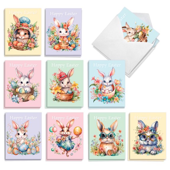 The Best Card Company 20 Assorted Easter Notes Box Set 4 x 5.12 Inch with Envelopes (10 Designs, 2 Each) Basket Bunnies AM10004EAG-B2x10