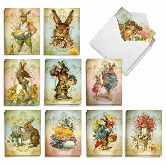 The Best Card Company 20 Assorted Easter Notes Box Set 4 x 5.12 Inch with Envelopes (10 Designs, 2 Each) Vintage Chicks Bunnies AM9164EAG-B2x10