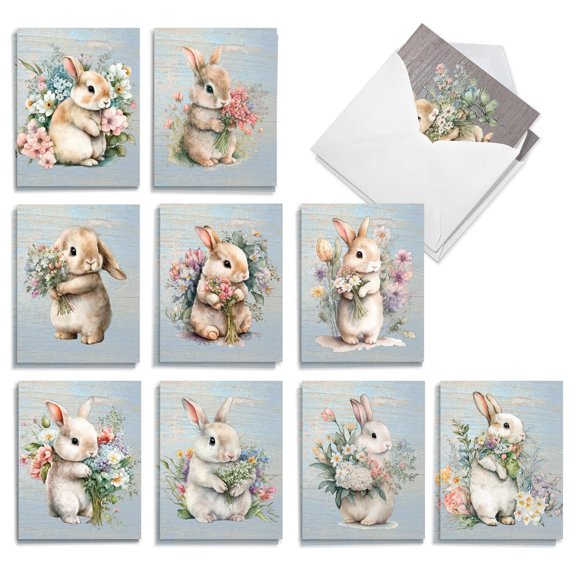 The Best Card Company 20 Assorted Easter Notes Boxed Set 4 x 5.12 Inch with Envelopes (10 Designs, 2 Each) Bunnies With Flowers AM10991EAG-B2x10