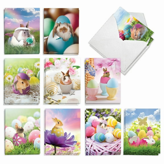 The Best Card Company 20 Assorted Easter Notes Boxed Set 4 x 5.12 Inch with Envelopes (10 Designs, 2 Each) Hatching Rabbits AM8993EAG-B2x10