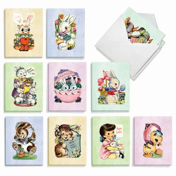 The Best Card Company 20 Assorted Easter Notes Boxed Set 4 x 5.12 Inch with Envelopes (10 Designs, 2 Each) Vintage Spring Kids AM10422EAG-B2x10
