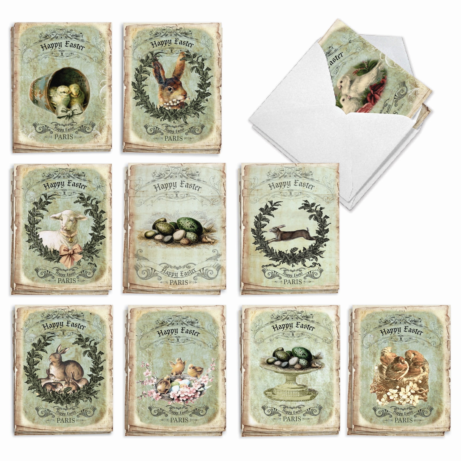 The Best Card Company 20 Assorted Easter Notes Bulk Box Set 4 x 5.12 Inch with Envelopes (10 Designs, 2 Each) Springtime in Paris AM10426EAG-B2x10