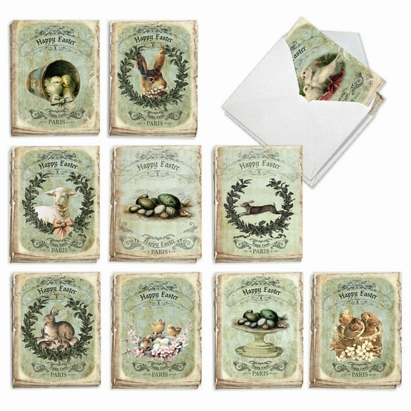 The Best Card Company 20 Assorted Easter Notes Bulk Box Set 4 x 5.12 Inch with Envelopes (10 Designs, 2 Each) Springtime in Paris AM10426EAG-B2x10