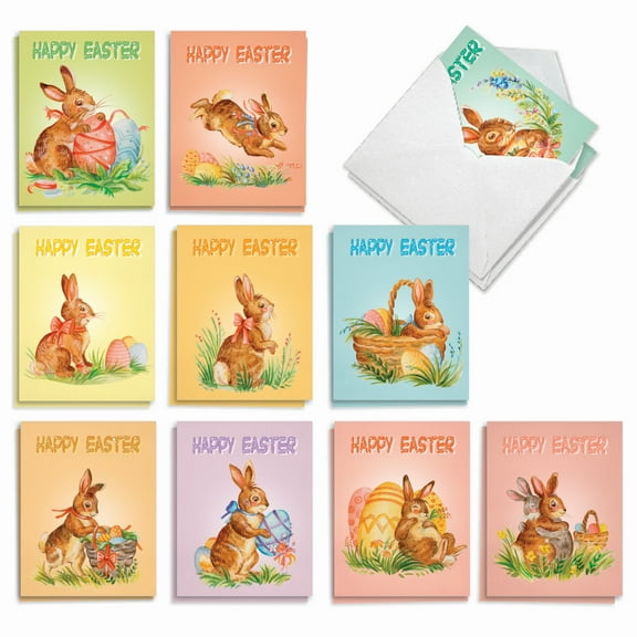 The Best Card Company 20 Assorted Easter Notes Bulk Box Set 4 x 5.12 Inch with Envelopes (10 Designs, 2 Each) Watercolor Bunnies AM9166EAG-B2x10