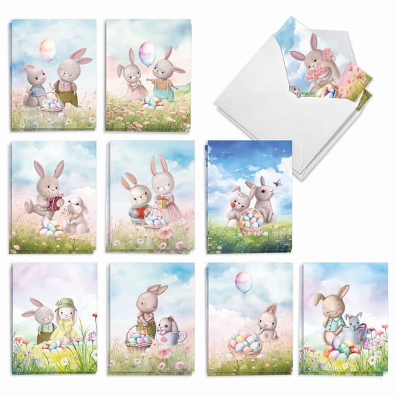 The Best Card Company 20 Assorted Easter Notes Pack Set 4x5.12 w/ Envelopes, 10x2 Designs, For Men, Women, Fluffy Bunnies AM10985EAG-B2x10