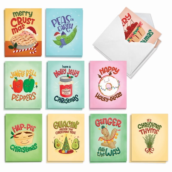 The Best Card Company 20 Assorted Funny Christmas Notes Pack Set 4x5.12 w/ Envelopes, 10x2 Designs, For Men, Women, Holiday Food Puns AM8848XSG-B2x10