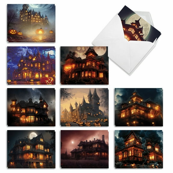 The Best Card Company 20 Assorted Halloween Notecards Bulk Box Set 4 x 5.12 Inch with Envelopes (10 Designs, 2 Each) Haunted Houses AM10193HWG-B2x10