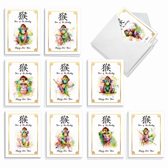 The Best Card Company 20 Assorted Lunar New Year Notes Box Set 4 x 5.12 Inch with Envelopes (10 Designs, 2 Each) Year Of The Monkey AM10997LNG-B2x10
