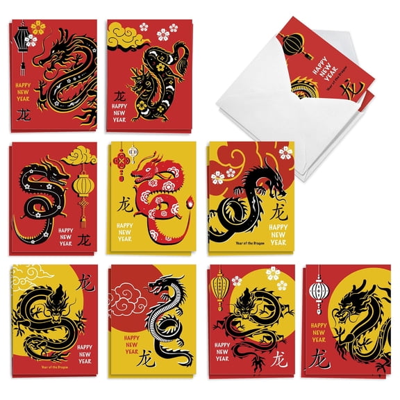 The Best Card Company 20 Assorted Lunar New Year Notes Bulk Pack Set 4x5.12 w/ Envelopes, 10x2 Designs, For Men, Women, Red Dragon AM10975LNG-B2x10