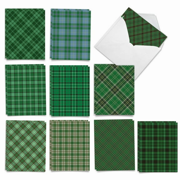 The Best Card Company 20 Assorted St. Patrick's Day Notecards Box Set 4 x 5.12 Inch with Envelopes (10 Designs, 2 Each) Irish Tartan AM10418SPG-B2x10