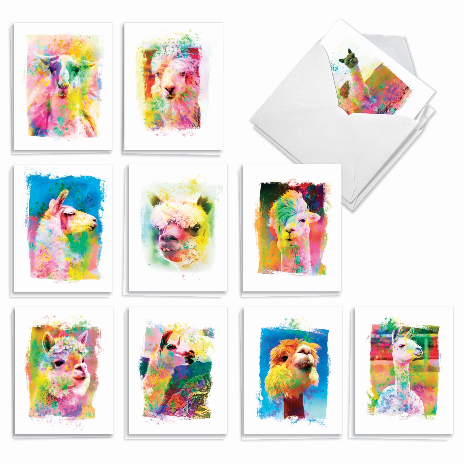 The Best Card Company 20 Assorted Thank You Notecards Box Set 4 x 5.12 Inch with Envelopes (10 Designs, 2 Each) Funky Rainbow Llamas AM6862TYG-B2x10