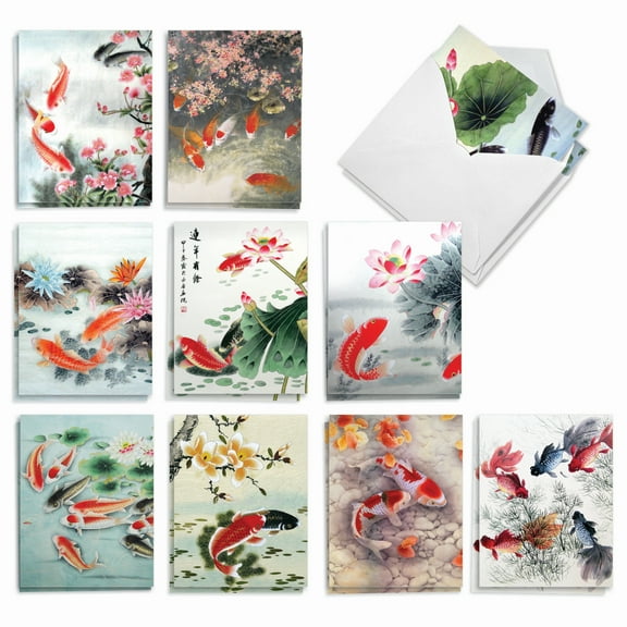 The Best Card Company 20 Assorted Thank You Notecards Boxed Set 4 x 5.12 Inch with Envelopes (10 Designs, 2 Each) On Goldfish Pond AM4944TYG-B2x10
