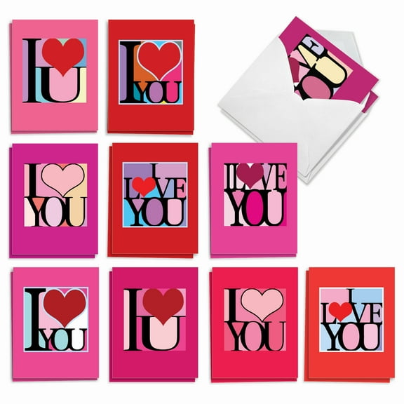 The Best Card Company 20 Assorted Valentine's Day Notes Boxed Set 4 x 5.12 Inch with Envelopes (10 Designs, 2 Each) Love Squares AM8991VDG-B2x10