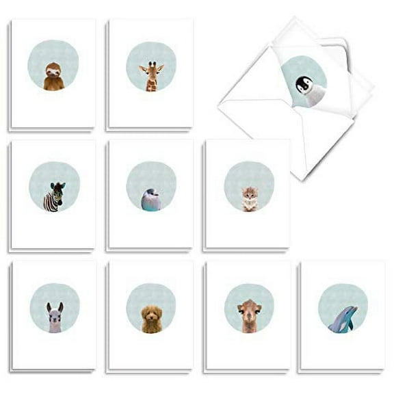 The Best Card Company - 20 Cute Kids Cards Boxed (4 x 5.12 Inch) - Assorted Blank Set (10 Designs, 2 Each) - Animal Portrait Mode AM7182OCB-B2x10