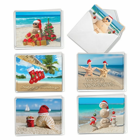 The Best Card Company 36 Assorted Christmas Notecards Boxed Set 4 x 5.12 Inch with Envelopes (6 Designs, 6 Each) Season's Beachin' AM6651XSG-B6x6