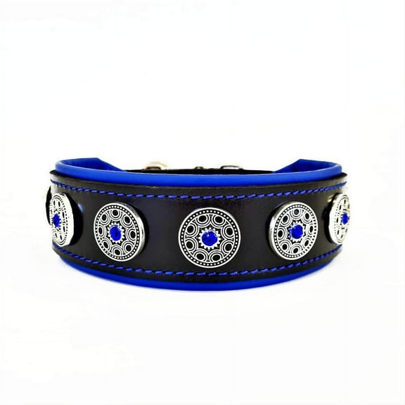 The Bestia "Bijou" Leather Dog Collar Black& Blue for Large Dog Breeds