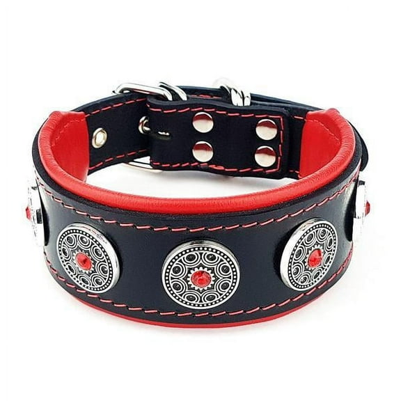 The Bestia "Bijou" Leather Dog Collar Black & Red for Medium to Large Dog Breeds