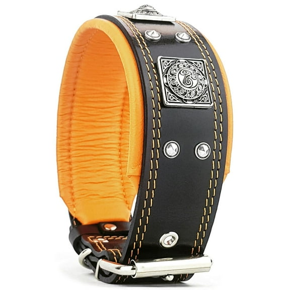 The Bestia "Eros" Black & Orange Leather Dog Collar for Large Dog Breeds