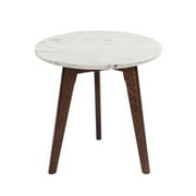The Bianco Collection Cherie 15" Round Italian Carrara White Marble Table with Walnut Legs