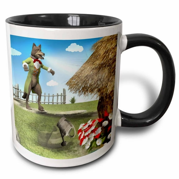 3drose, the Big Bad Wolf Blowing the House Down, 15oz Two-tone Black Mug