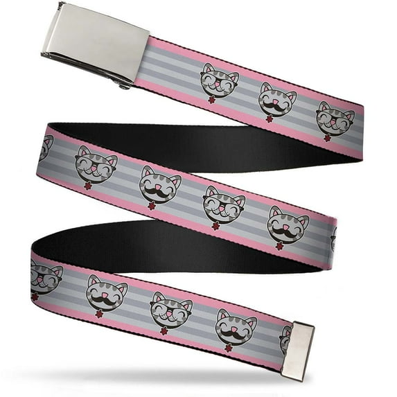 Adjustable Belt, Clamp Buckle, Cut-to-Fit, Soft Kitty Nerd Mustacho Expressions Stripe Grays
