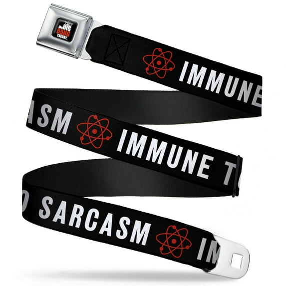 The Big Bang Theory Belt, Seatbelt Buckle Belt, Immune to Sarcasm Atom Black White Red, 34 to 52 Inches