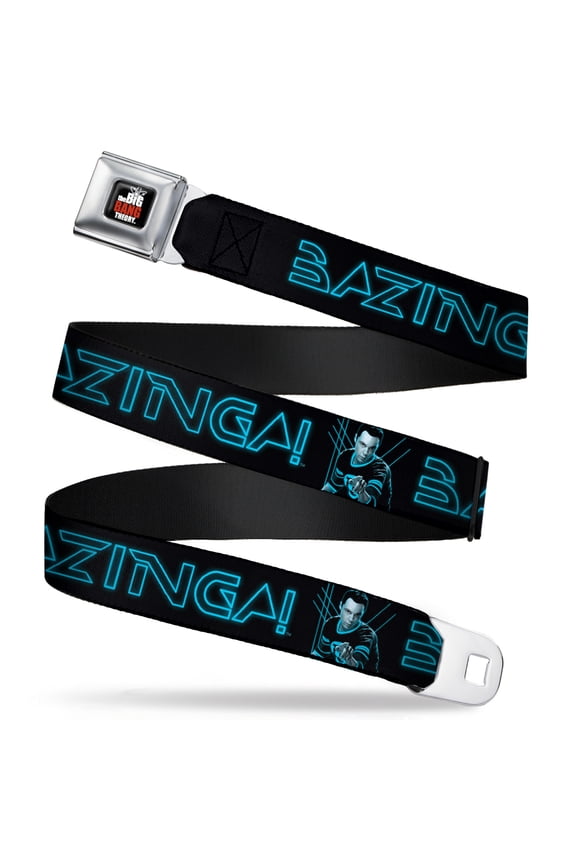 The Big Bang Theory Belt, Seatbelt Buckle Belt, Sheldon Bazinga Black Blue Glow, 34 to 52 Inches