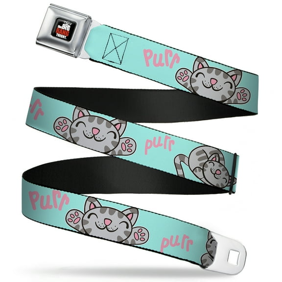 The Big Bang Theory Belt, Seatbelt Buckle Belt, Soft Kitty Poses Pale Turquoise Pink, 32 to 52 Inches