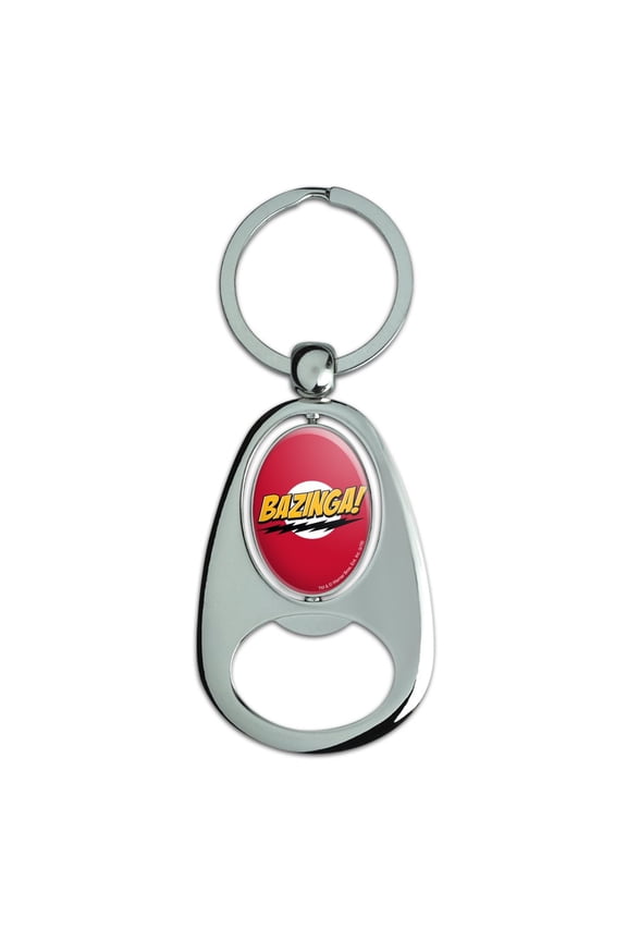 Sheldon Bazinga Keychain Chrome Metal Spinning Oval Bottle Opener