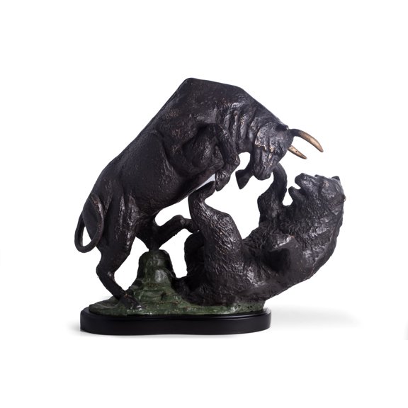 "The Big Fight" Bronzed Finished Bull & Bear Sculpture.