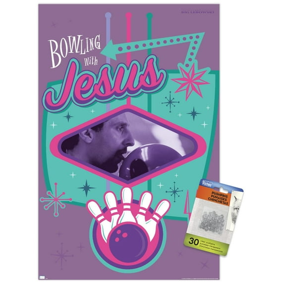 The Big Lebowski - Bowling with Jesus Wall Poster with Pushpins, 14.725" x 22.375"