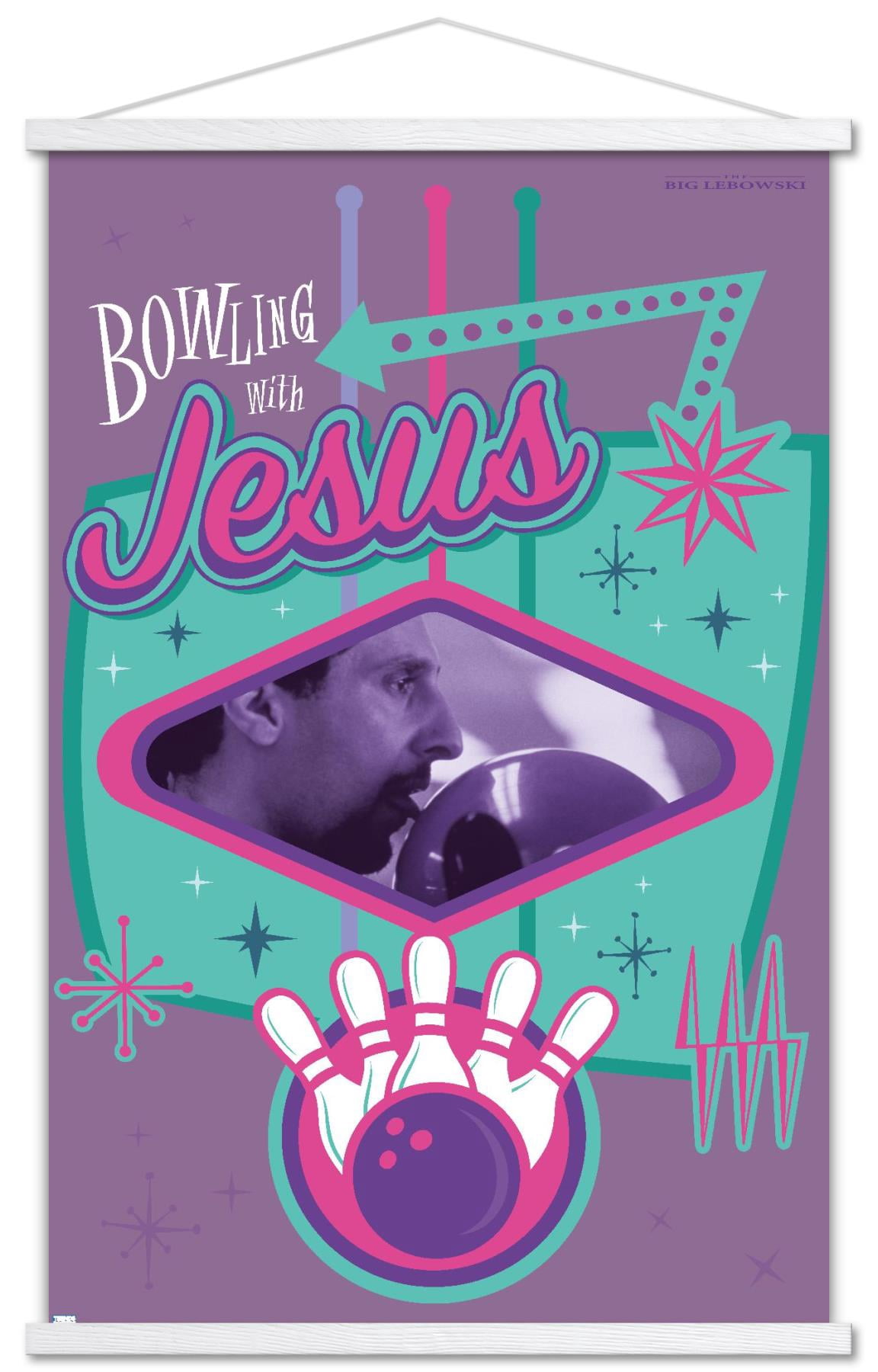 The Big Lebowski - Bowling with Jesus Wall Poster with Wooden Magnetic Frame, 22.375" x 34"