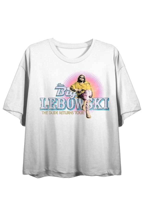The Big Lebowski The Dude Returns Tour Crew Neck Short Sleeve Women's White Crop Top-XS
