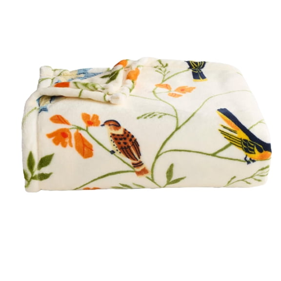 The Big One 60 x 72 Polyester Plush Throw Blanket White Birds Floral