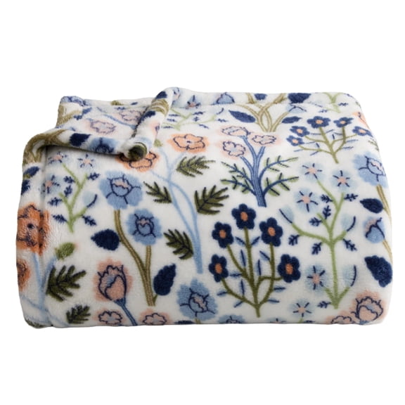The Big One Floral Plush Throw Blanket, 60 x 72 Inches, Super Soft White Polyester Blanket with Blue & Peach Flower Design