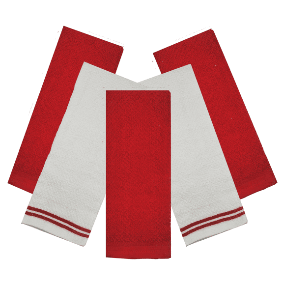 The Big One Kitchen Towels 5-Pack Set Red & White Textured Stripe Honeycomb Style