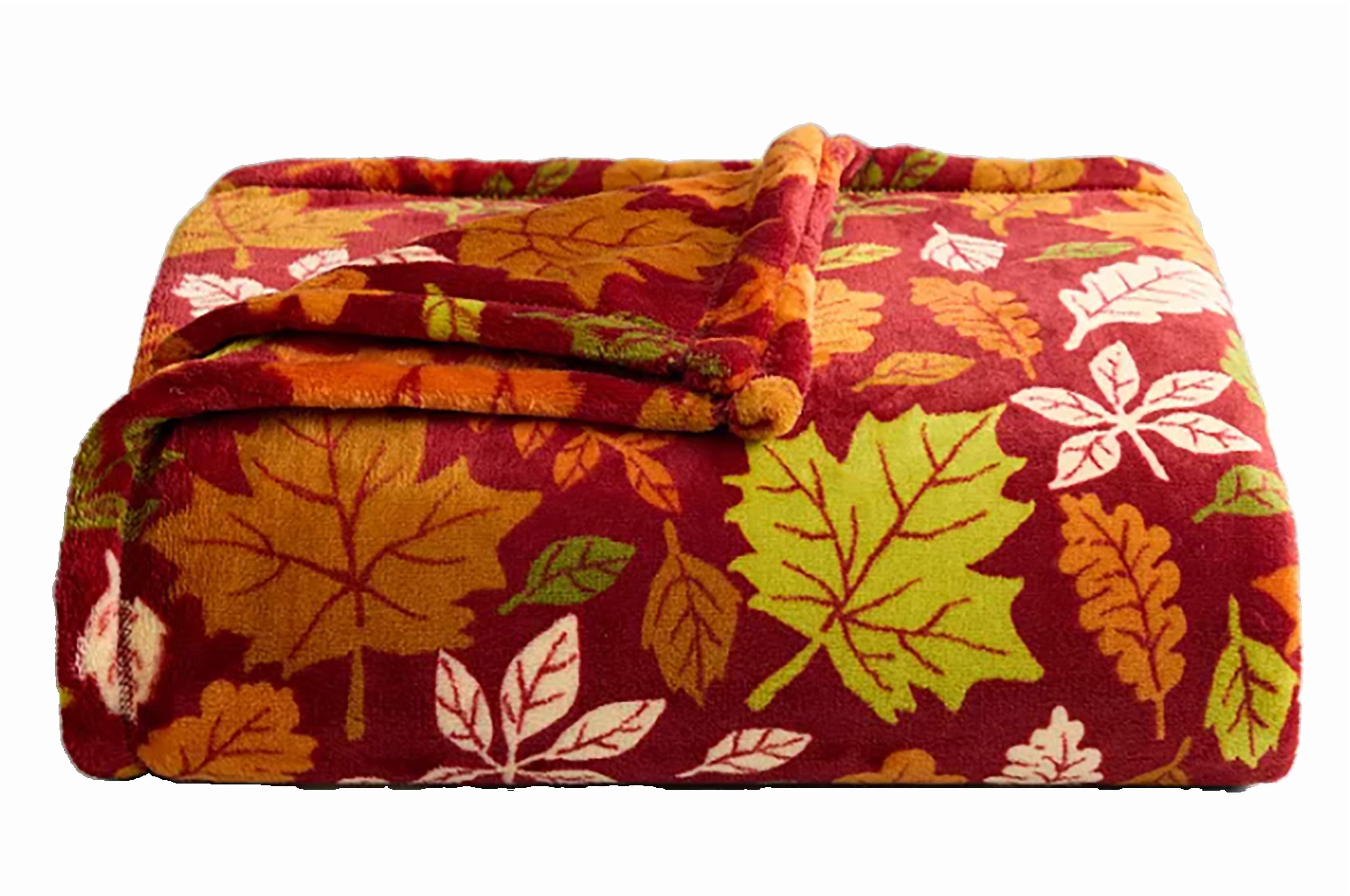 The Big One Plush Fall Throw Blanket, Falling Leaves Print on Burgundy ...