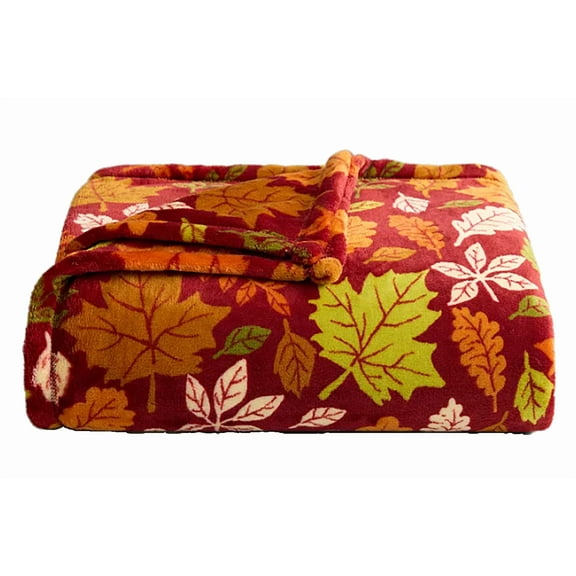 The Big One Plush Fall Throw Blanket, Falling Leaves Print on Burgundy, Soft 60" x 72"