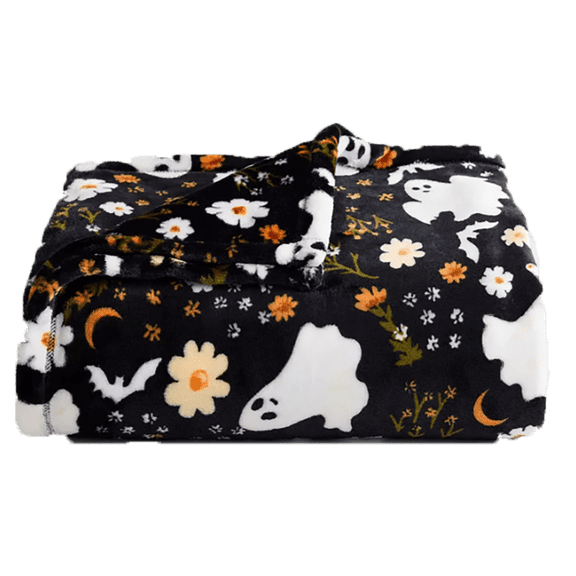 The Big One Plush Halloween Throw Blanket, Peaceful Ghosts Design, Black Cozy 60" x 72"