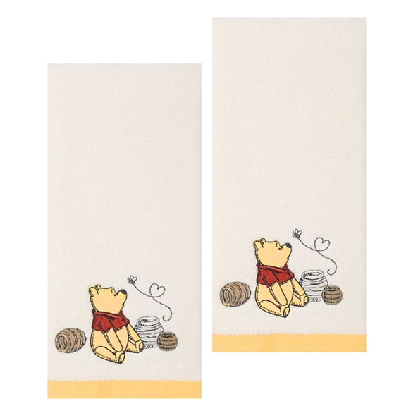 The Big One Winnie the Pooh Bear Hand Towels, Off-White Cotton, 16x25 Inches, 2 Piece Set