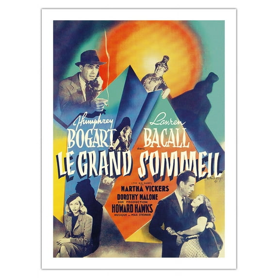 The Big Sleep (Le Grand Sommeil) Starring Humphrey Bogart & Lauren Bacall - Vintage French Film Noir Movie Poster by Vicente Cristellys c.1946 - Fine Art Matte Paper Print (Unframed) 24x32in