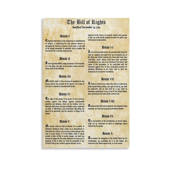 The Bill of Rights 1791 Poster The US Constitution History Government Canvas Wall Art Aesthetic Decorative Painting Classroomstyle