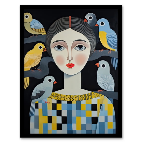 The Bird Lady Surreal Oil Painting Blue Yellow Grey Dryad Portrait Artwork Framed Wall Art Print A4