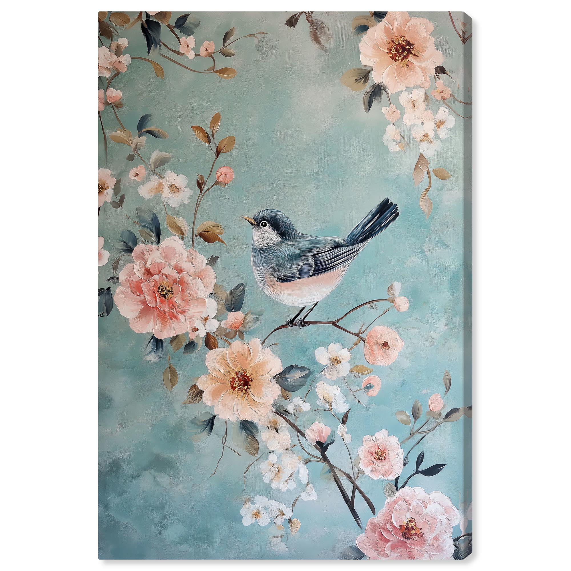 Pastel Blue and Pink Floral Bird Canvas Art, 10" x 15"